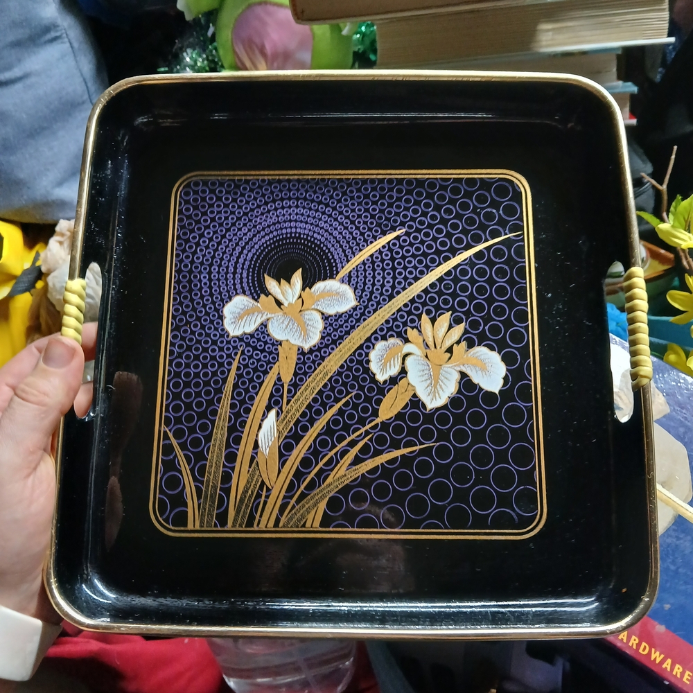 vintage Japanese lacquerware serving tray featuring a decorative iris flower des